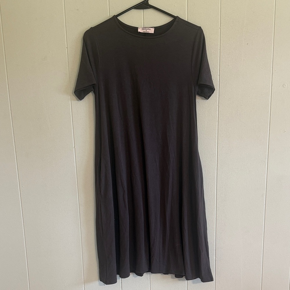 Dark Gray Zenana Short Sleeve Dress with Pockets!